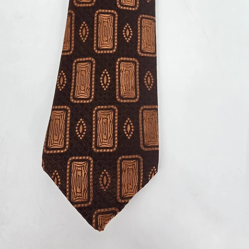 VINTAGE 60s 70s Majestic Acetate Brown Geometric Block Tie Wrinkleproof France